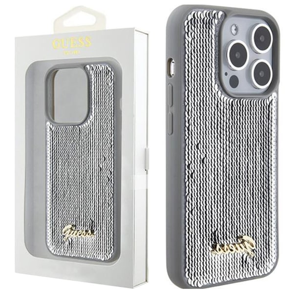 Guess Sequin Script metalldeksel til iPhone 15 Pro - sølv