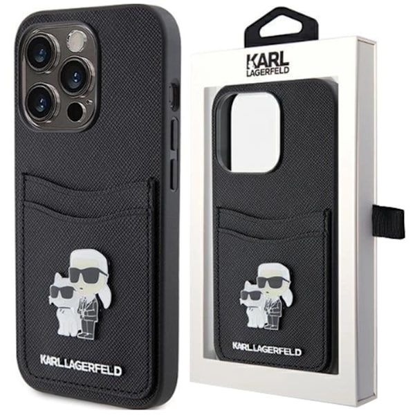 Karl Lagerfeld Saffiano Cardslot Karl&Choupette Metal Pin Deksel til iPhone 15 Pro - Svart