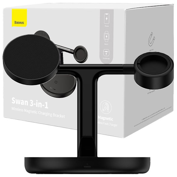 Baseus Swan induktiv lader (kompatibel med MagSafe) holder for iPhone, Apple Watch, AirPods + USB-C-kabel 1 m svart (WXTE000 Svart