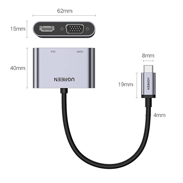UGREEN CM162 50505 USB-C - HDMI / VGA / USB-A 3.0 / USB-C PD-ADAPTER - GRÅ