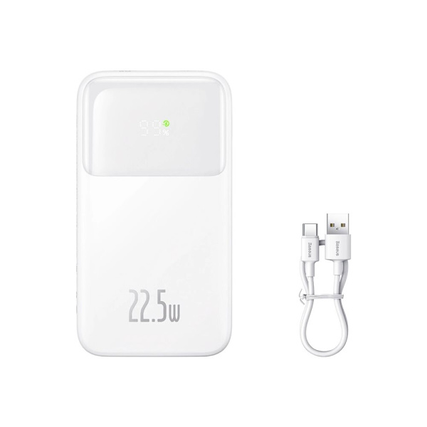 Baseus Comet Series strømforsyning med skjerm 10 000 mAh 22,5 W - hvit + USB-A - USB-C-kabel
