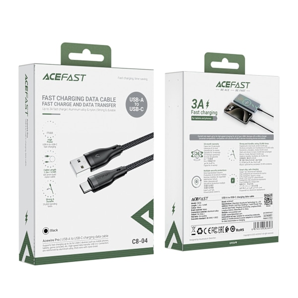 ACEFAST C8-04 USB-A / USB-C 3A KABEL - SORT