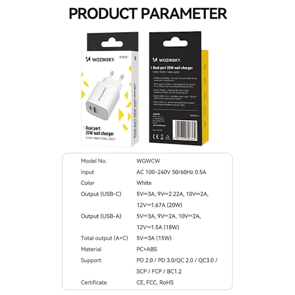 Wozinsky WGWCW USB-A USB-C 20W vegglader - hvit