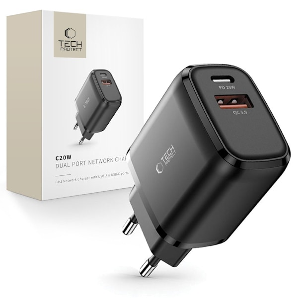 TECH-PROTECT C20W 2-PORTS NETVÆRKSOPLADER PD20W/QC3.0 SORT