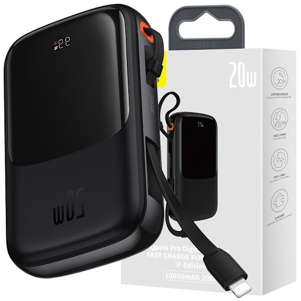 Powerbank 10000mAh 20W Baseus Qpow Pro Overseas Edition + USB C 3A-kabel - svart Svart