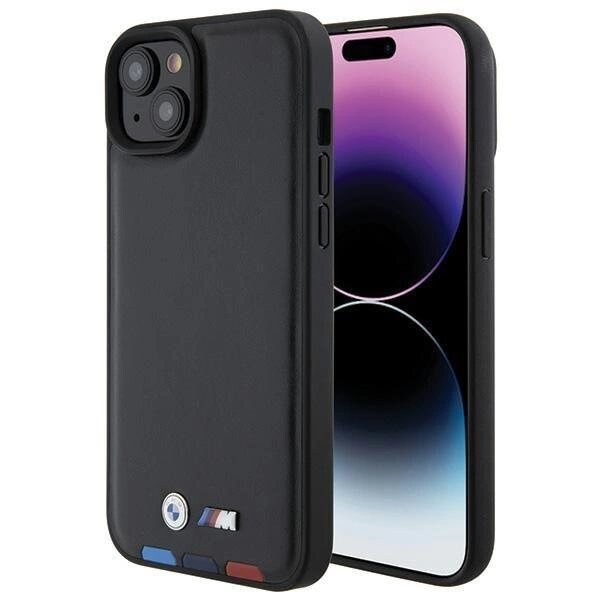 BMW Leather Stamp Tricolor deksel til iPhone 15 Plus - svart