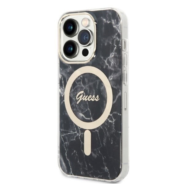 Guess sett MagSafe lader + etui for iPhone 14 Pro Max 6.7 svart Marble MagSafe telefon (GUBPP14XHMEACSK)