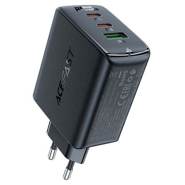Acefast rask GaN-lader (2xUSB-C / USB-A) PPS / PD / QC4+ 65W svart (A41)