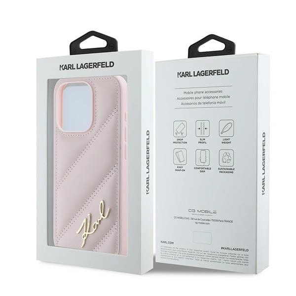 KARL LAGERFELD DIAGONAL QUILTED SCRIPT COVER TIL IPHONE 15 PRO - PINK