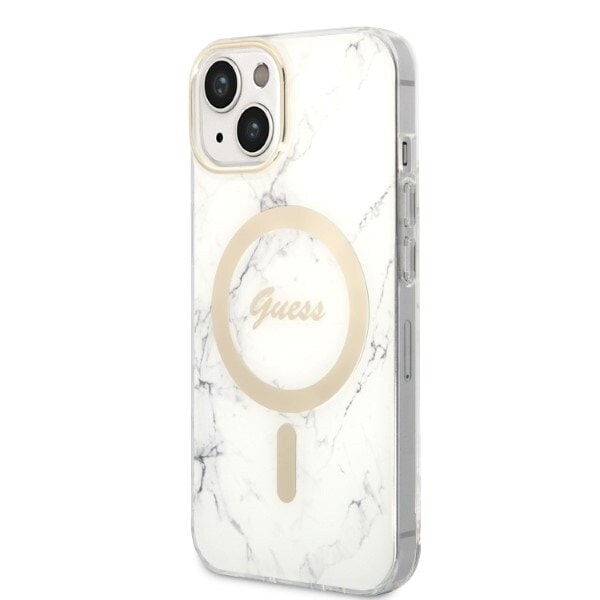 Guess sett MagSafe lader + etui for iPhone 14 Plus 6.7 hvit marmortelefon (GUBPP14MHMEACSH)