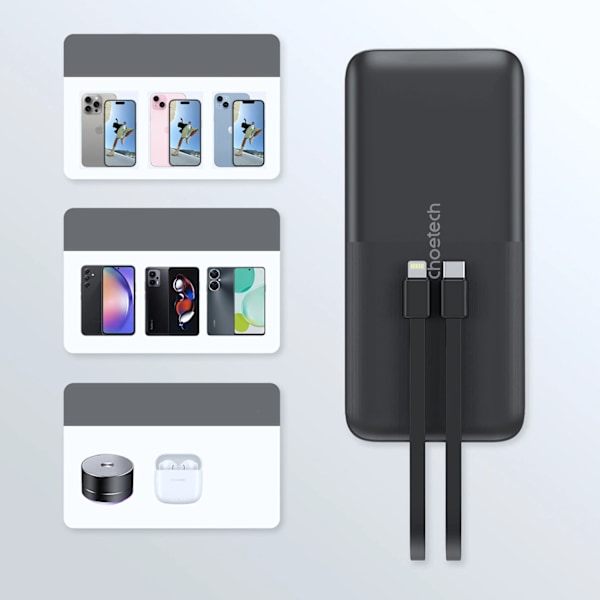CHOETECH B654 10000MAH 22,5W USB-A / USB-C / MICRO USB POWERBANK MED INDBYGGET USB-C / LIGHTNING-KABEL - SORT