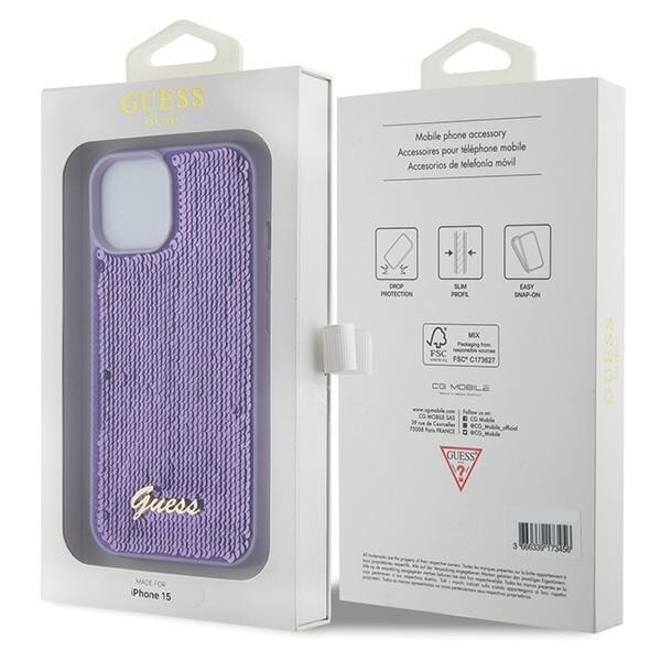 Guess Sequin Script metalldeksel til iPhone 15 - lilla
