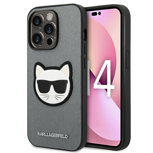 KARL LAGERFELD SAFFIANO CHOUPETTE HEAD PATCH COVER TIL IPHONE 14 PRO - SØLV