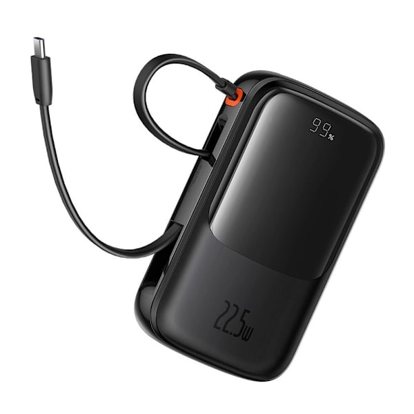 Baseus Qpow Pro+ 10 000 mAh 22,5 W strømforsyning med innebygd USB-C-kabel og skjerm - svart