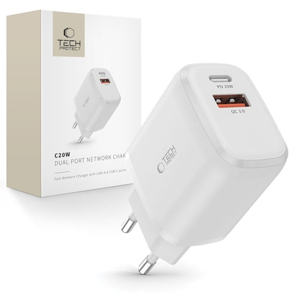 TECH-PROTECT C20W 2-PORTS NETVÆRKSOPLADER PD20W/QC3.0 HVID