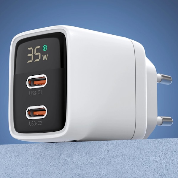 Choetech PD6051 2x USB-C PD 35W GaN vegglader med skjerm - hvit