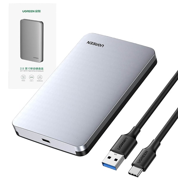 Ugrønn harddiskveske 2,5 SATA 3,0 6 Gbps grå + USB - USB Type C-kabel 0,5 m (CM300) Gjuten aluminium