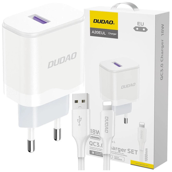 Dudao A20EU USB-A 18W vegglader - hvit + USB-A - Lightning-kabel