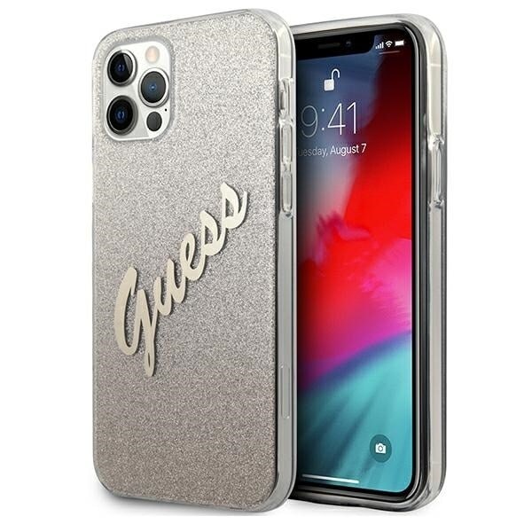 Guess GUHCP12LPCUGLSGO iPhone 12 Pro Max 6.7 gull/gull hardt deksel Glitter Gradient Script