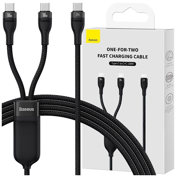 BASEUS HURTIG OPLADEKABEL 2IN1 USB-C - 2XUSB-C 100W 1,5M SORT