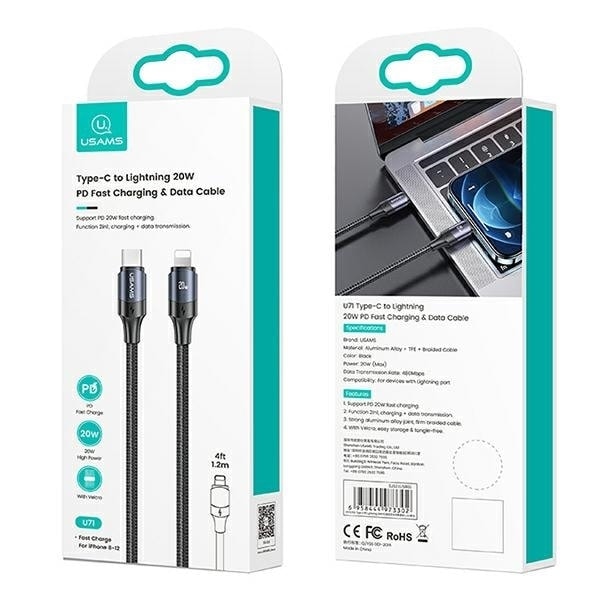 USAMS-kabel U71 USB-C till Lightning 2m 20W PD Snabbladdning svart/svart SJ522USB01 (US-SJ522)