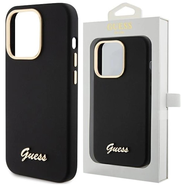 Guess Silicone Script Metal Logo & Frame Deksel til iPhone 15 - Svart