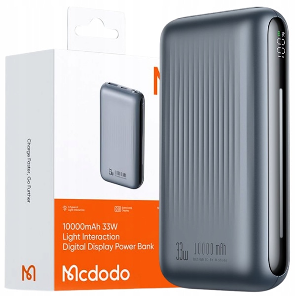 MCDODO POWERBANK 10000MAH MED DISPLAY 2X USB USB-C 33W + USB-C PD-KABEL