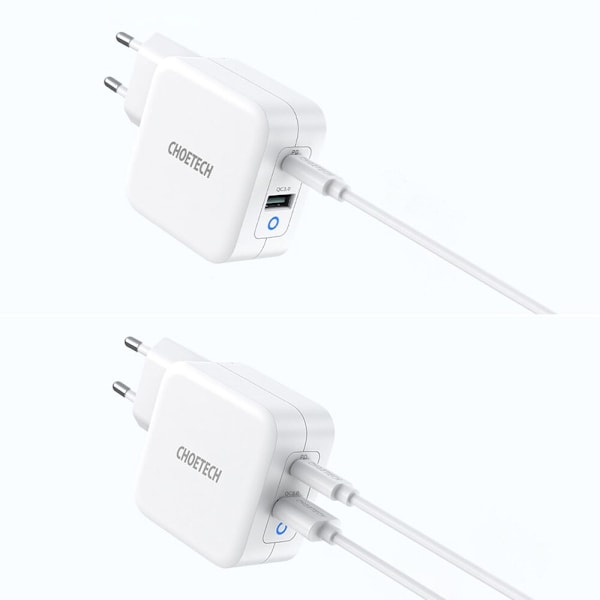 Choetech fast GaN USB Type C PD vegglader USB-A QC3.0 65W 3.25A hvit (PD8002)
