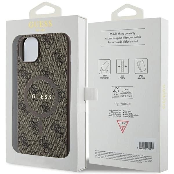 Guess 4G Collection Leather Metal Logo MagSafe-deksel til iPhone 15 Plus / 14 Plus - Brun