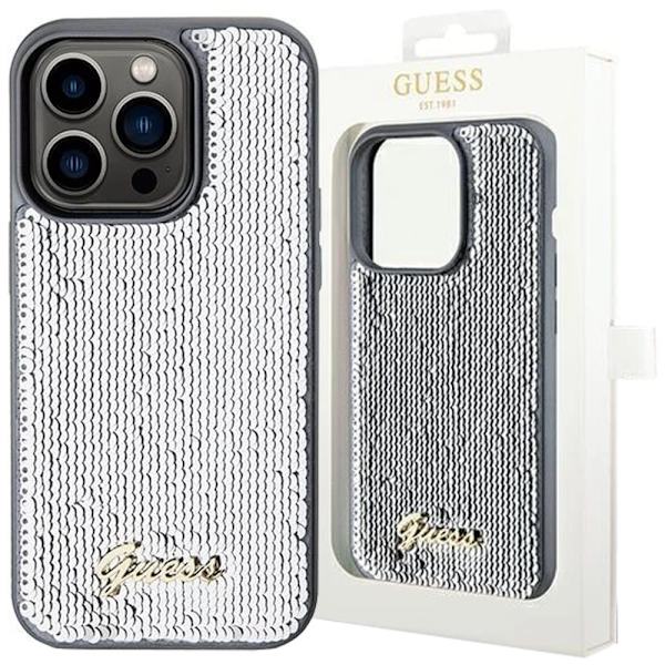 Guess Sequin Script metalldeksel til iPhone 14 Pro Max - Sølv