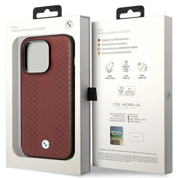 BMW LÆDER DIAMOND PATTERN COVER TIL IPHONE 14 PRO - BORDEAUX