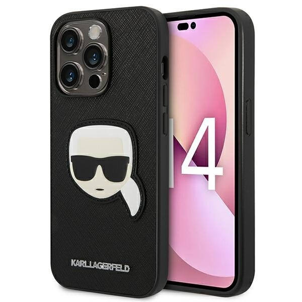 KARL LAGERFELD SAFFIANO KARL'S HEAD PATCH COVER TIL IPHONE 14 PRO - SORT