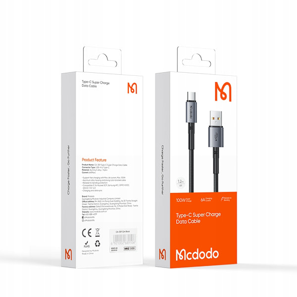 MCDODO USB-C SNABBLADDNINGSKABEL FÖR SAMSUNG XIAOMI USB TYP C 6A 100W 2M