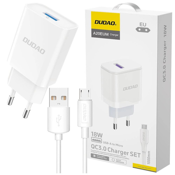Dudao A20EU USB-A 18W vegglader - hvit + USB-A - mikro USB-kabel