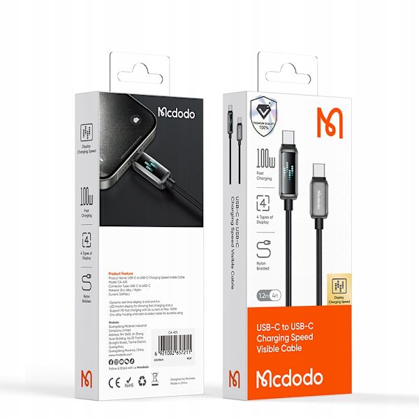 MCDODO USB-C SNABBLADDNINGSKABEL FÖR SAMSUNG APPLE USB TYP C 100W 1M LED