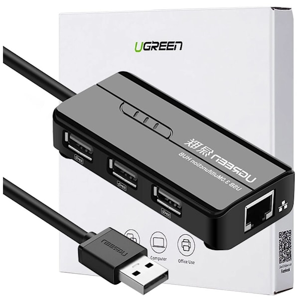 Ugreen 20264 RJ45 / USB-A 10/100 Mbps HUB nettverksadapter 3x USB-A 2.0 - svart