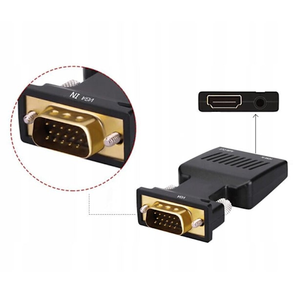 VGA TIL HDMI ADAPTER KONVERTERAD ADAPTER D-SUB TIL FULL HD + LJUDLJUD