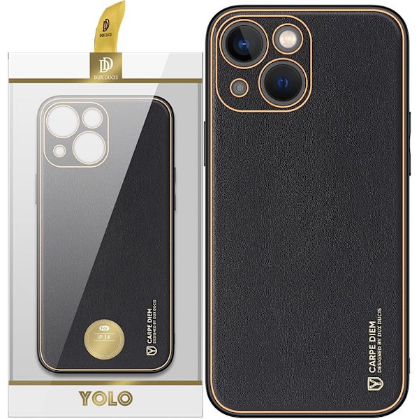 Dux Ducis Yolo iPhone 14 Plus-deksel, stilig beskyttelsesdeksel laget av svart økologisk skinn