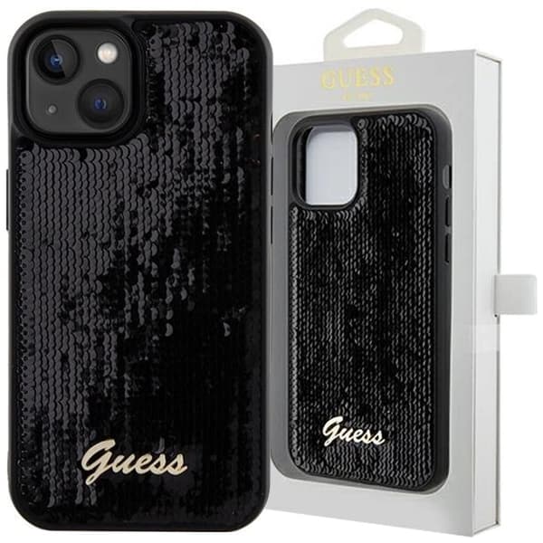 Guess Sequin Script metalldeksel til iPhone 14 / 15 / 13 - Svart