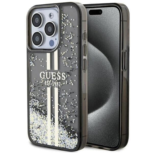 Guess Liquid Glitter Gold Stripes-deksel til iPhone 15 Pro - Svart