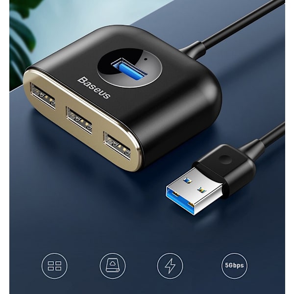 Baseus Square rund 4 i 1 USB-hubadapter (USB3.0 TIL USB3.0*1+USB2.0*3) 1m svart (CAHUB-AY01)