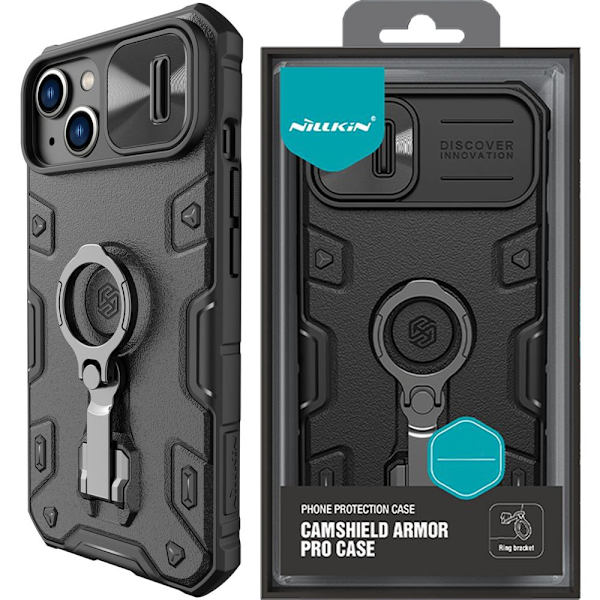 Nillkin CamShield Armor Pro Magnetic Case iPhone 14 Plus MagSafe pansret deksel stativ ring svart