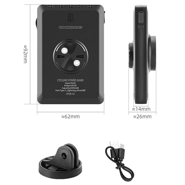 ROCKBROS JP008 CYKELLYGTE FORAN TIL DISK MED POWERBANK 5000MAH 150LM IPX6 - SORT