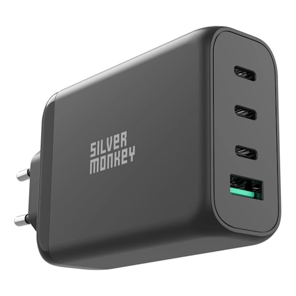 Silver Monkey GaN 130W vegglader 3x USB-C PD 1x USB-A 3.0 QC - svart