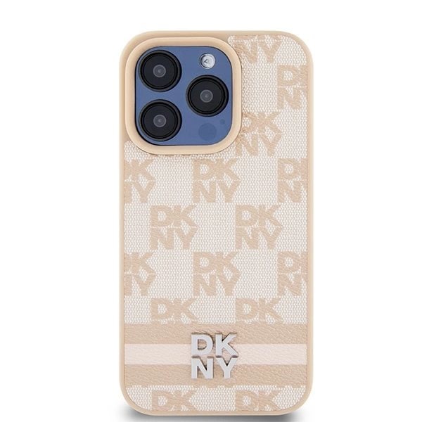 DKNY skinnrutete monomønstermønster og trykte striper-deksel til iPhone 15 Pro Max - Rosa