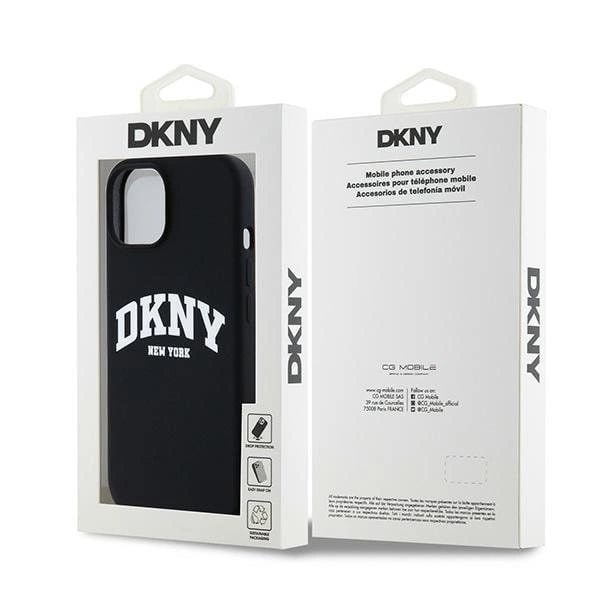 DKNY flytende silikon Hvittrykt logo MagSafe-deksel til iPhone 14/15/13 - Svart