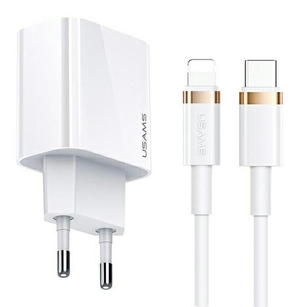 USAMS Lad. nätverk. 1xUSB-C T34 20W 5V-3A PD3.0 + kabel U63 USB-C till blixt 20W vit/vit (T49) T49OCLN01