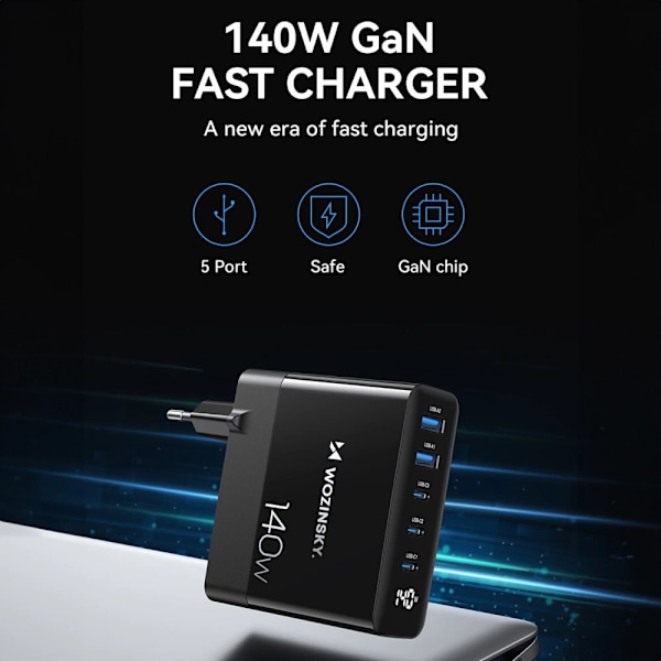 Wozinsky CGWCB 140W GaN vegglader 3 x USB-C / 2 x USB-A - svart
