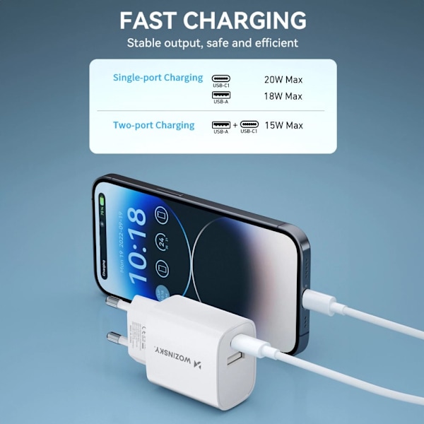 Wozinsky WGWCW USB-A USB-C 20W vegglader - hvit