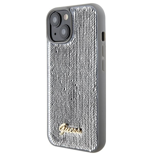 Guess Sequin Script Metalldeksel til iPhone 15 - sølv